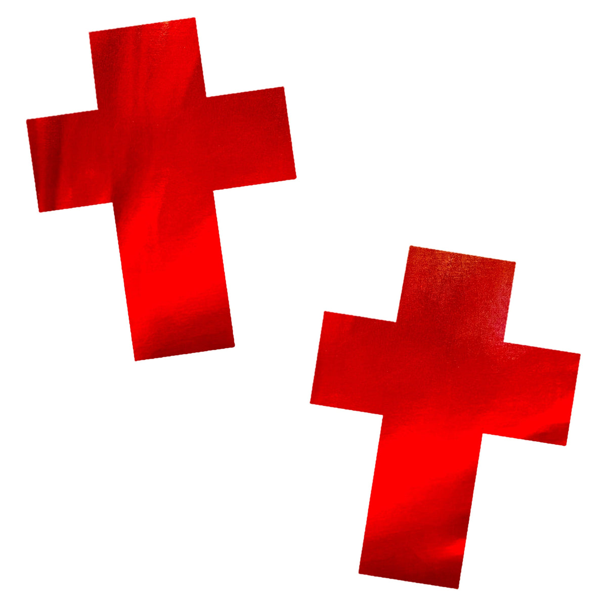 Blood red foil crucifix nipple pasties with a shiny finish for vampire Halloween