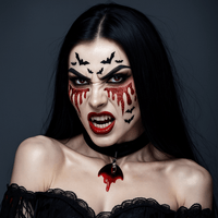 Red glitter blood tears face sticker in full view with its signature color and shape