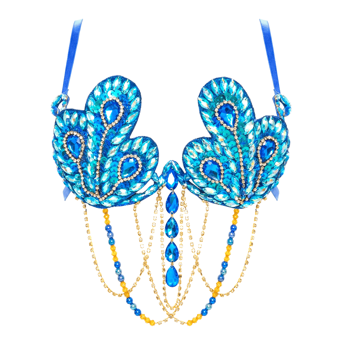 Blue green crystal peacock carnival bra with jeweled feather design for a Mardi Gras parade