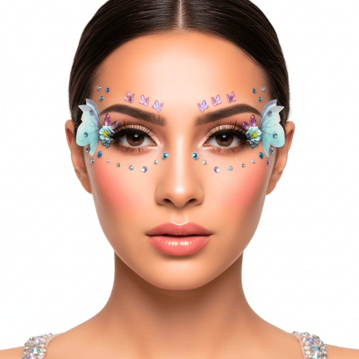 Butterfly costume face jewels with crystal dots for a sparkly fairy look