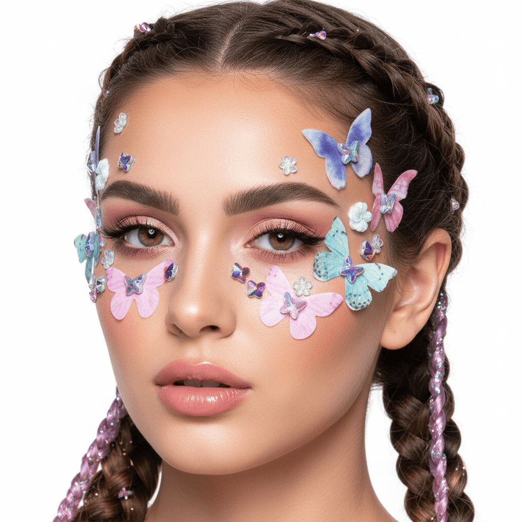 Butterfly crystal face stickers with shimmering iridescent jewels and wings