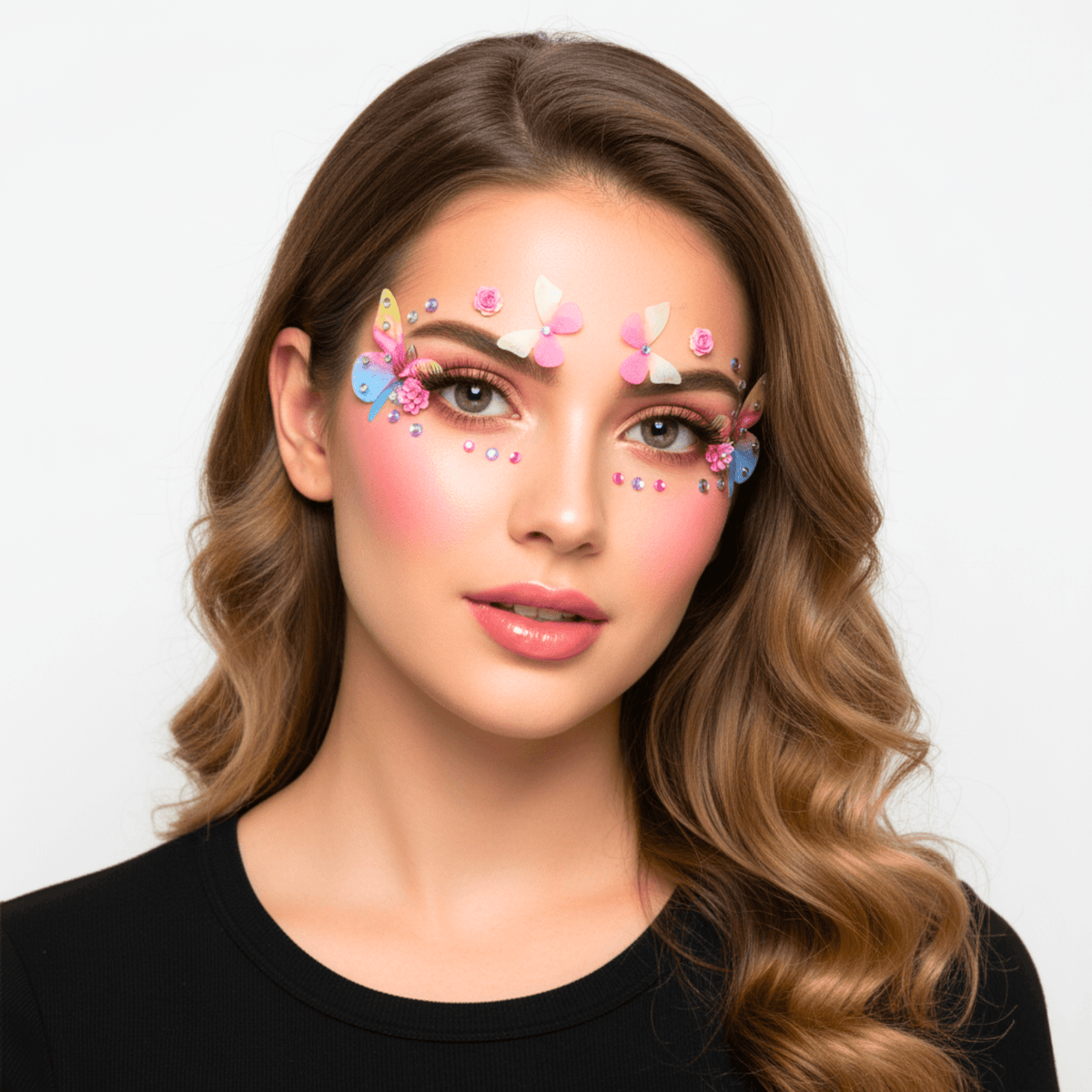 Pink and purple crystal butterfly stickers for a playful fairy face look
