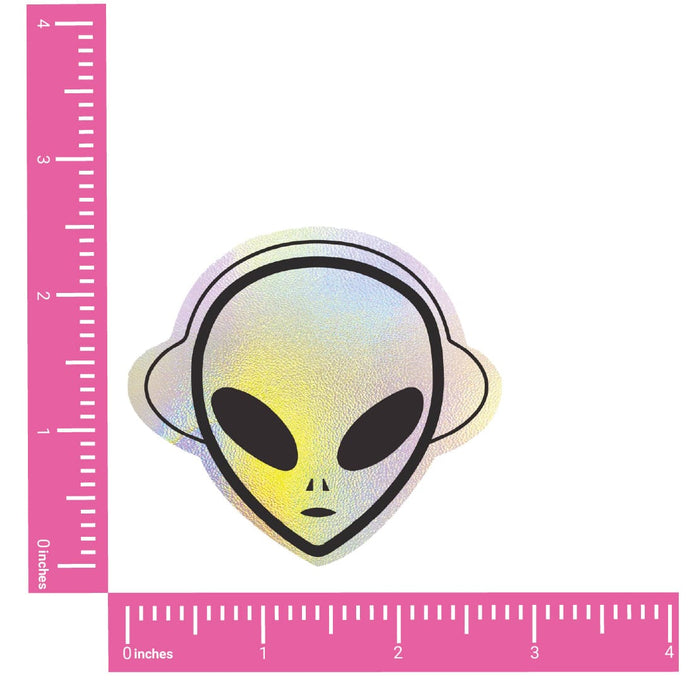 Product view of holographic alien nipple pasties highlighting the rainbow shifting holographic finish