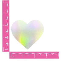 Product view of holographic heart nipple pasties highlighting the rainbow shifting holographic finish