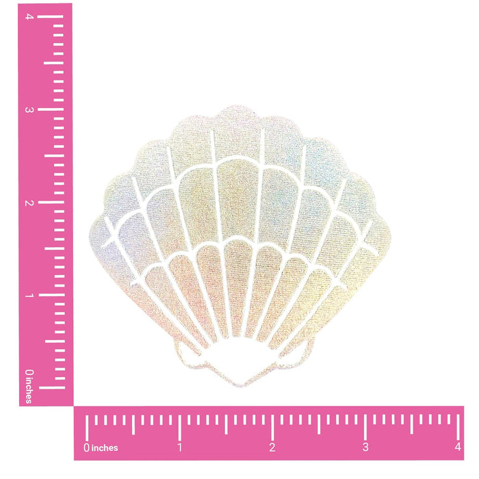 Product view of holographic mermaid shell nipple pasties highlighting the rainbow shifting holographic finish