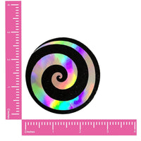 Black glitter nipple pasties with a holographic spiral, shown on their own