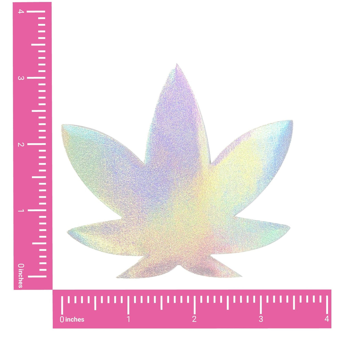 Pair of silver holographic cannabis leaf nipple covers that flash rainbow colors, shown alone