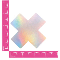 Product view of holographic x nipple pasties highlighting the rainbow shifting holographic finish
