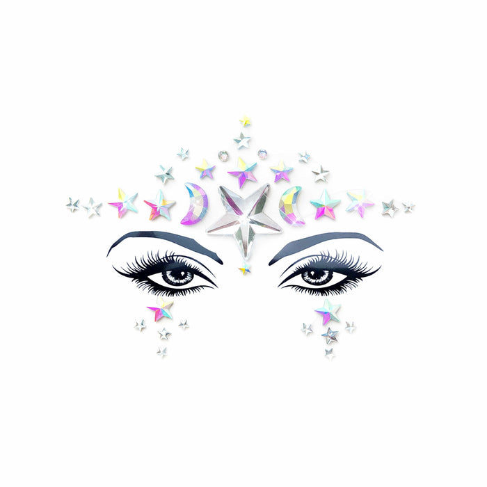 Iridescent moon and stars crystal face jewels for a celestial festival look