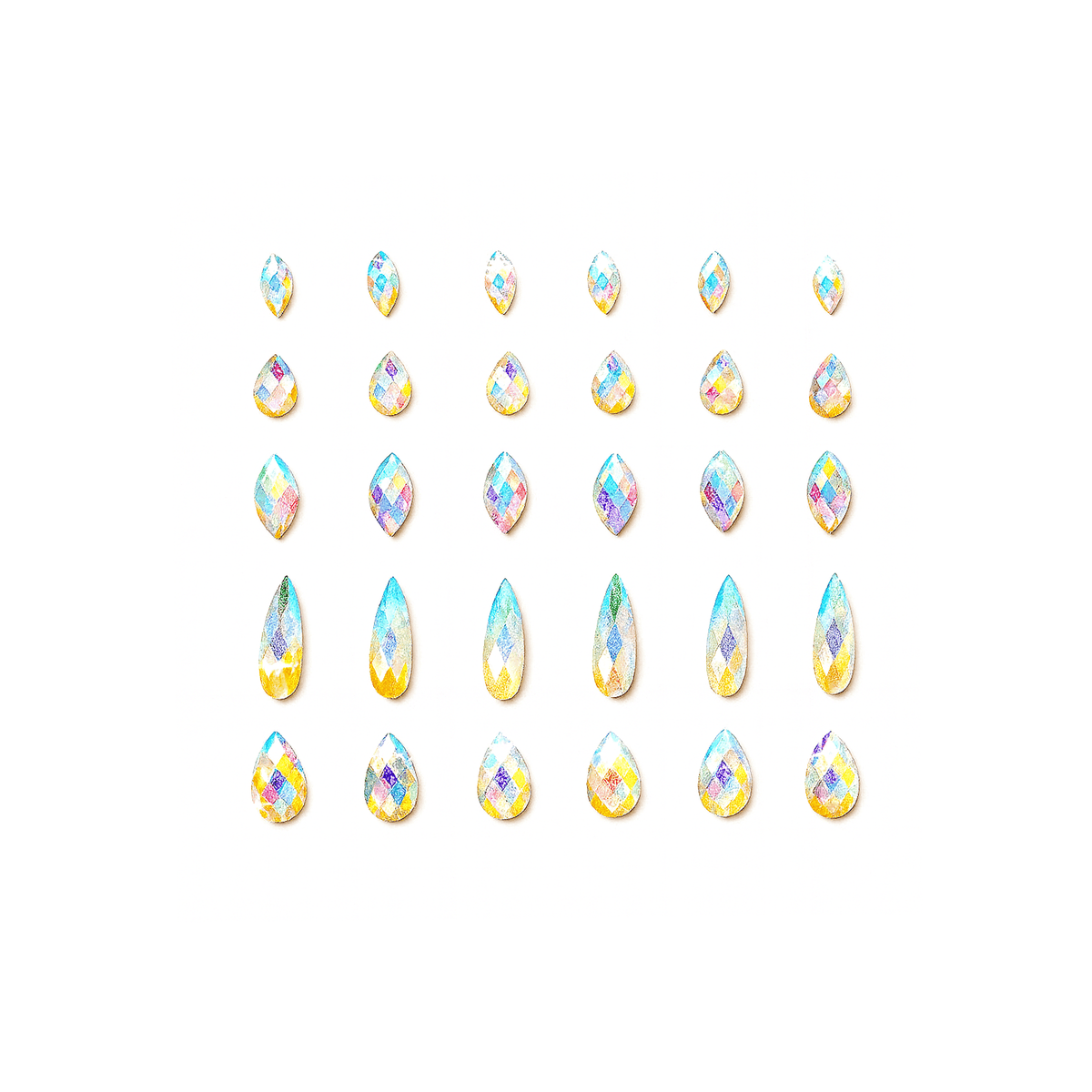 Clear glow in the dark iridescent face gems that light up for a firefly rave look