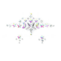 Multicolor crescent moon and star gem face sticker with sparkling iridescent crystals