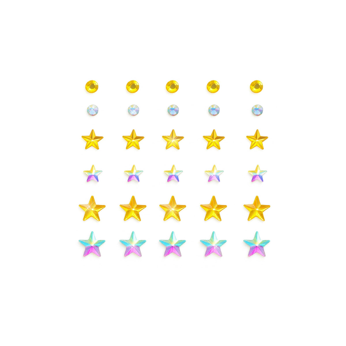 Stick on gold and silver star gems with a sparkly iridescent finish for face art