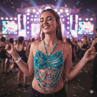 Turquoise carnival costume top covered in shimmering beads and fringe