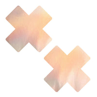 Champagne colored super holographic X nipple pasties with a warm peachy shimmer