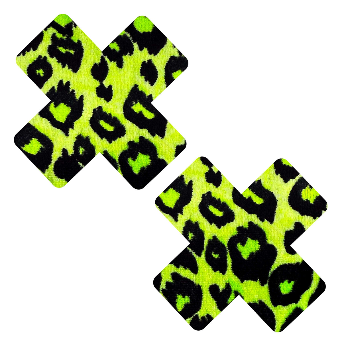 Neon green velvet X nipple pasties with a toxic cheetah print party animal look