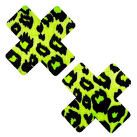 Neon green velvet X nipple pasties with a toxic cheetah print party animal look
