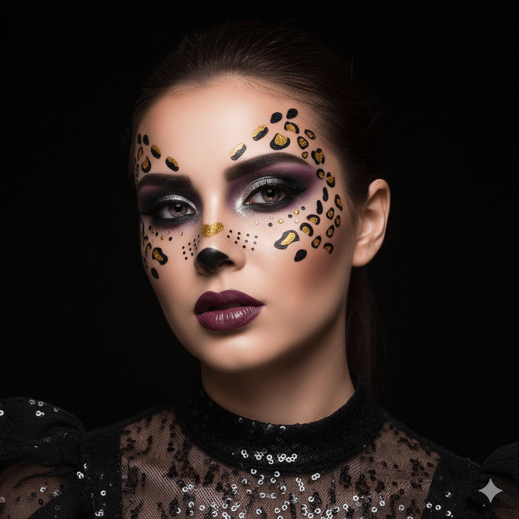 Black and gold glitter cheetah spots face sticker for a wild safari costume look