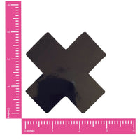 Black wet vinyl X shaped nipple pasties with a glossy, high shine finish