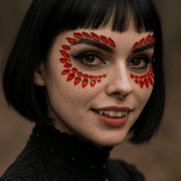 Red crystal winged devil face jewels laid out to show color and finish