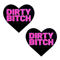 Pink and black I heart U nipple pasties with naughty lettering for dominatrix night