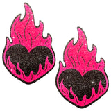 Neon Pink Flame Heart Glitter Nipple Cover Pasties