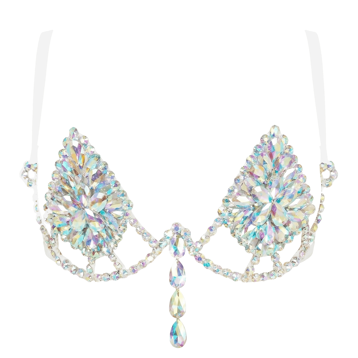 Iridescent crystal jewel carnival bra with icy sparkle for winter holiday glam and parades