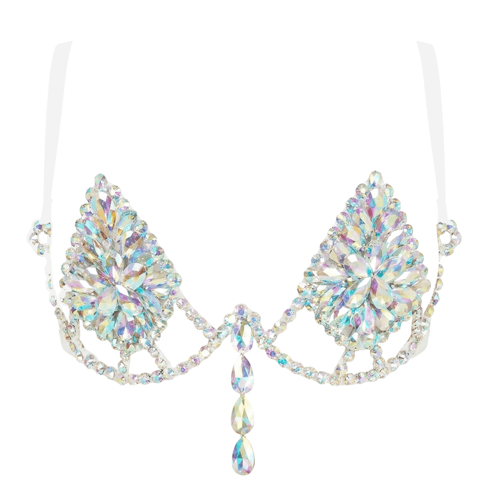 Iridescent crystal jewel carnival bra with icy sparkle for winter holiday glam and parades
