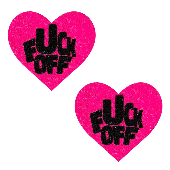 Neon pink glitter heart nipple pasties with cheeky black lettering for blacklight