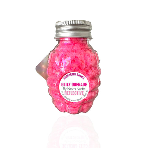 Raspberry Rushie Reflective Neon Pink UV Cosmetic Glitter Glitz Grenade Keychain in Aloe Gel