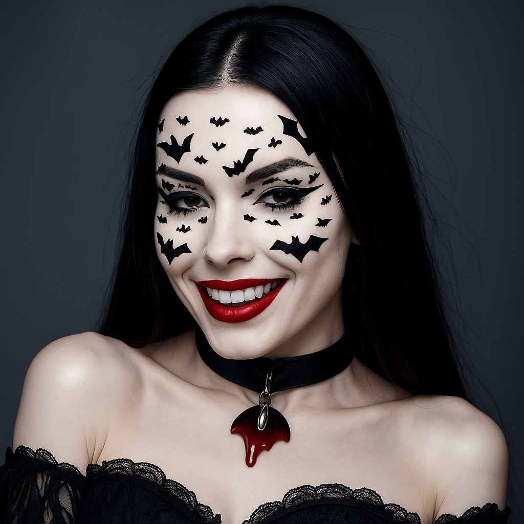 Black glitter bat face and body stickers shown on their own for spooky looks