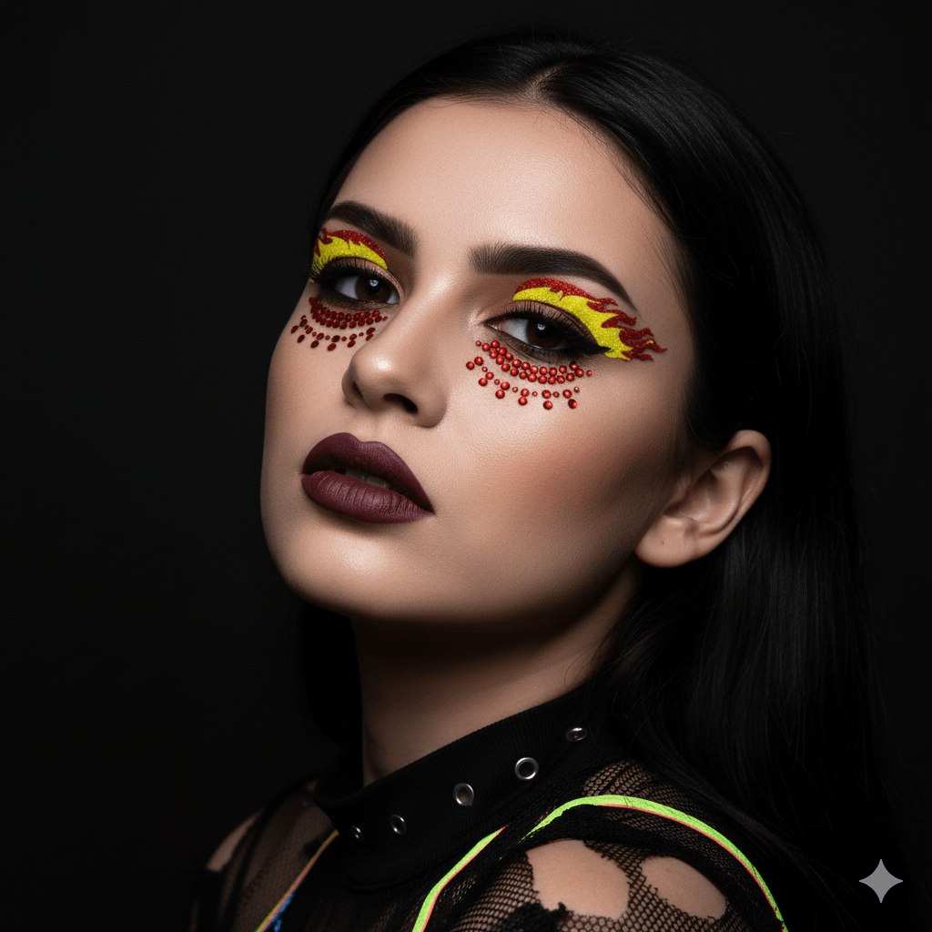Red and yellow glitter flame eye sticker with jewels for a fiery biker costume look