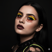 Red and yellow glitter flame eye sticker with jewels for a fiery biker costume look