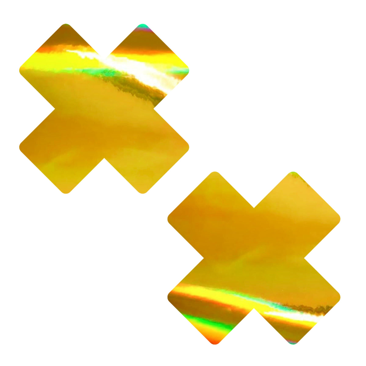 Chrome gold X shaped nipple pasties with a mirror finish for rave nights