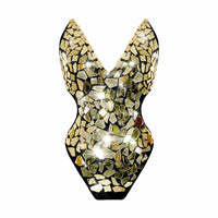Sexy gold mirror one piece bodysuit with shimmering metallic tiles
