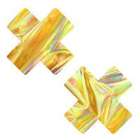 Gold mirror holographic X nipple pasties with a reflective goddess shine