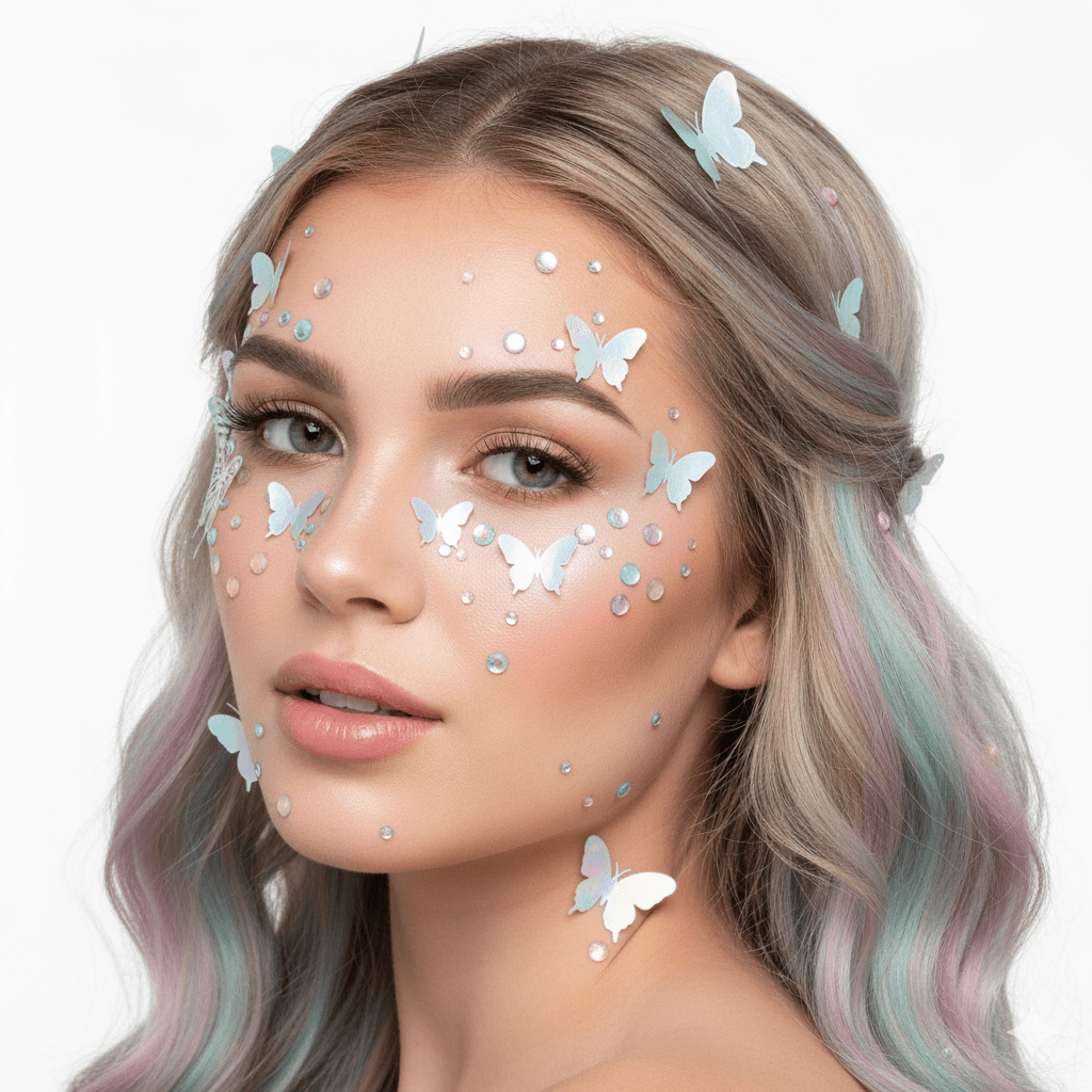 Holographic butterfly face and body stickers with rainbow shimmer for festival looks