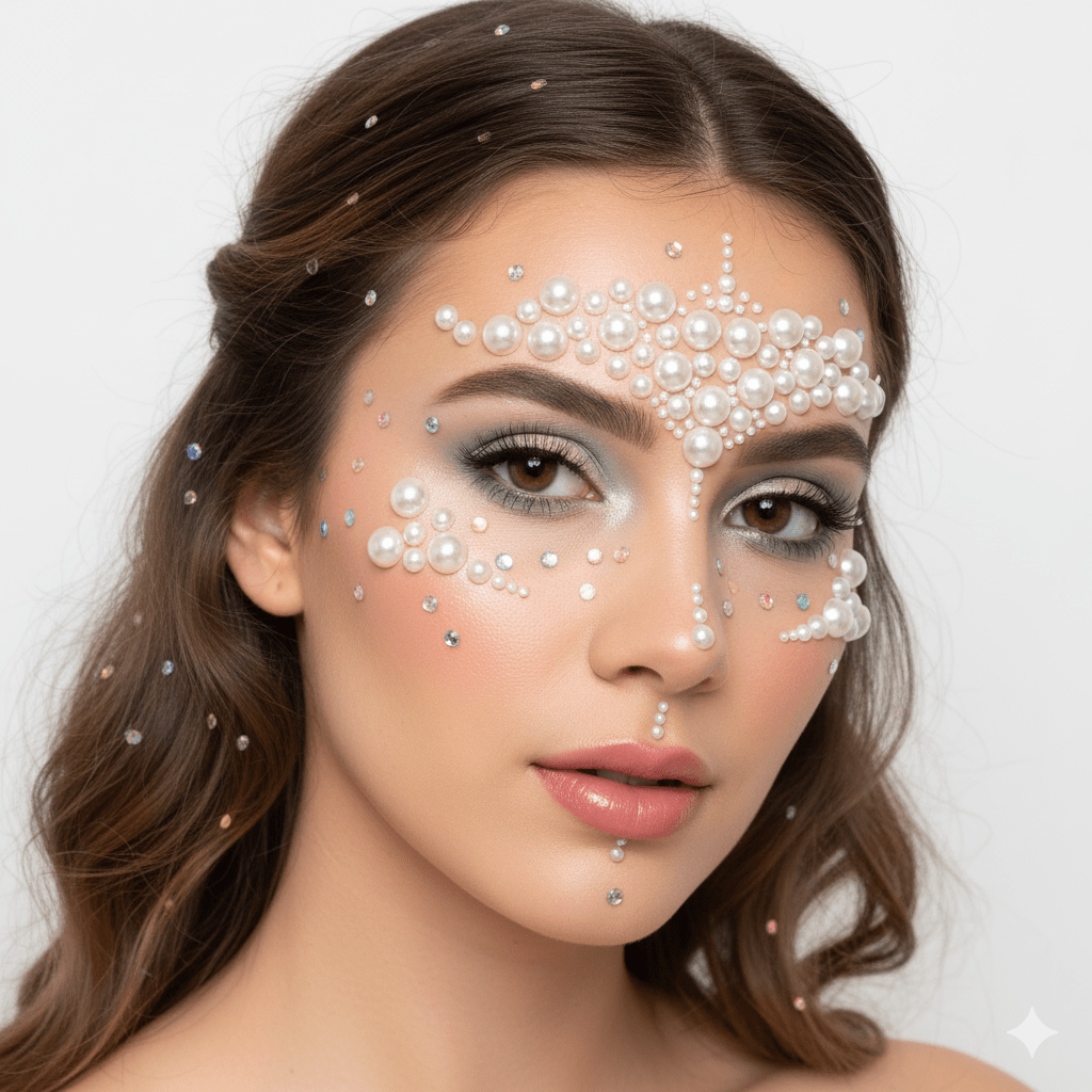 White pearl crystal face sticker with iridescent gems arranged in a glam mermaid design