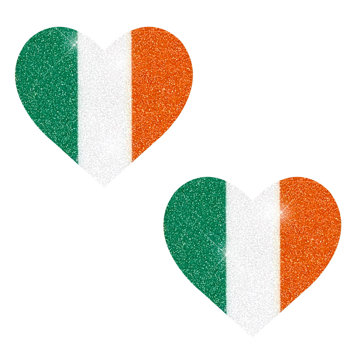 Green, white and orange Irish flag glitter heart pasties for St Patrick's Day