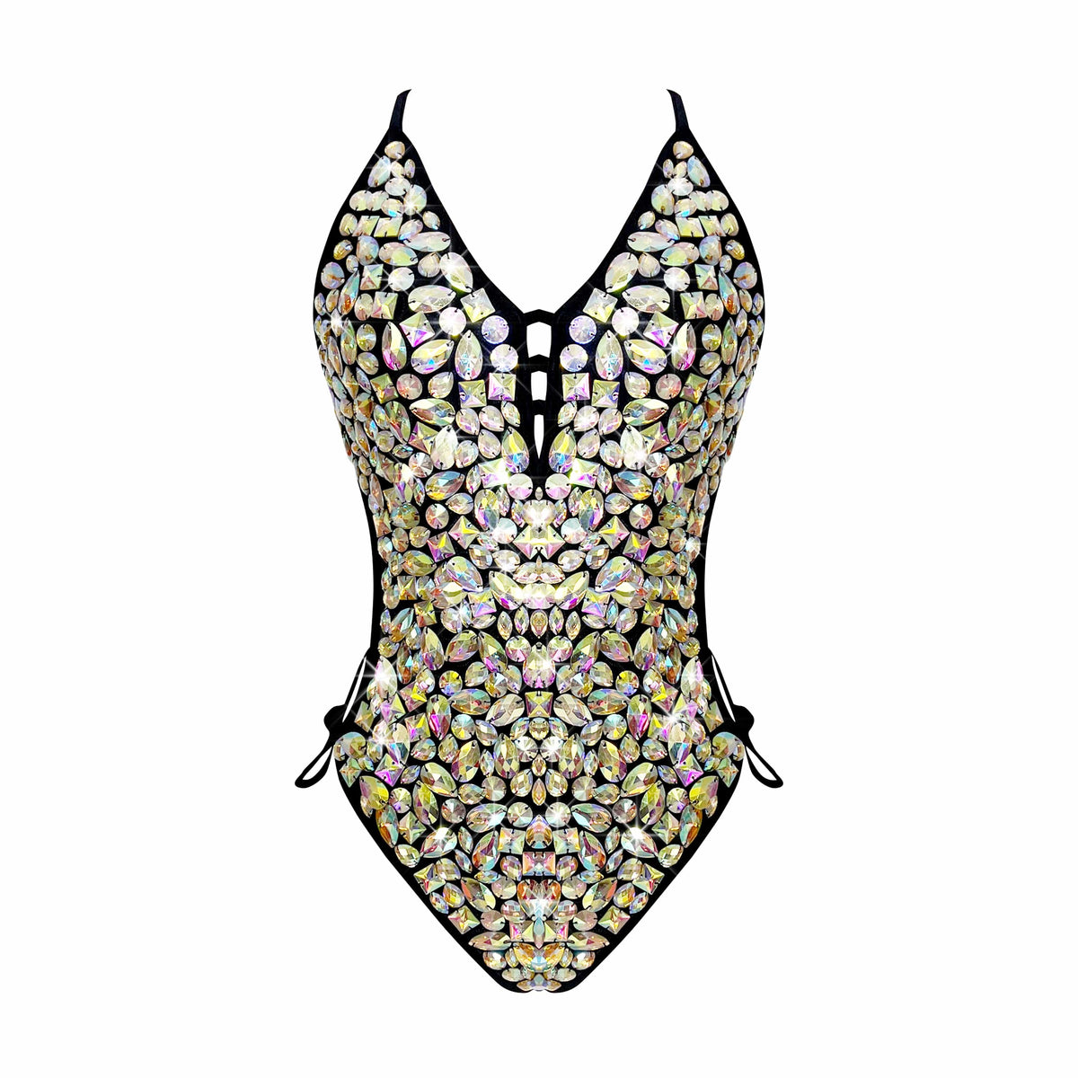 Black jeweled crystal bodysuit with iridescent stones for a rave party showgirl look