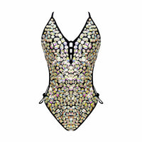 Black jeweled crystal bodysuit with iridescent stones for a rave party showgirl look