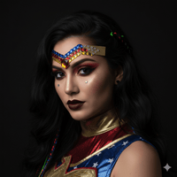 Stick on face crystals in red, blue and gold forming a heroic tiara and star design