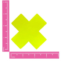 Neon yellow wet vinyl X shaped nipple pasties with a high shine glossy finish