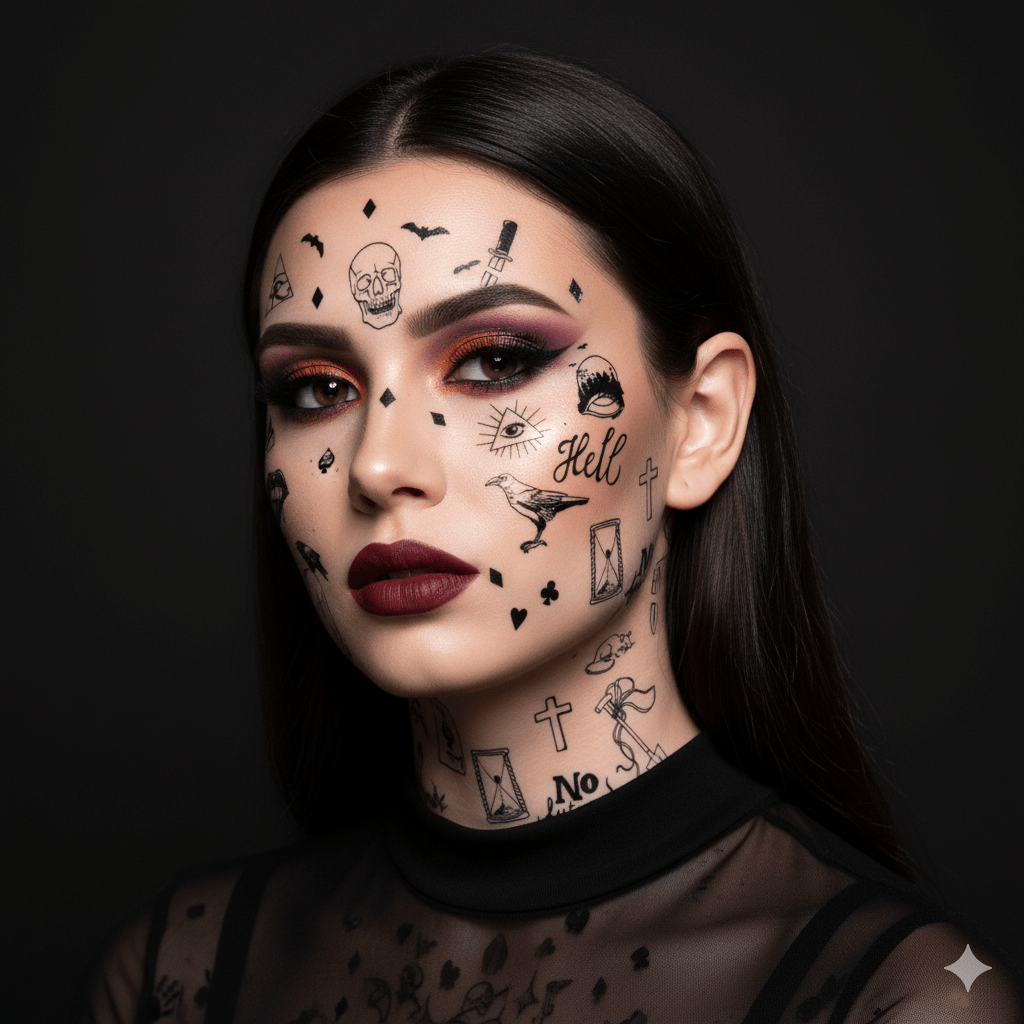 Alternate view of black skull and coffin large temporary tattoos showing the full shape