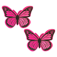 Neon pink holographic butterfly nipple pasties in full view with its signature color and shape