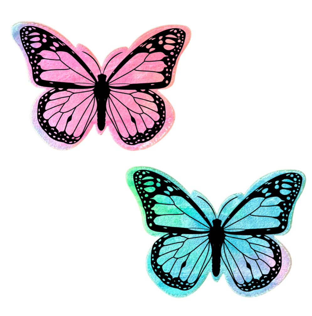 Rainbow tie dye velvet butterfly nipple pasties, showing the color, finish and shape of the design