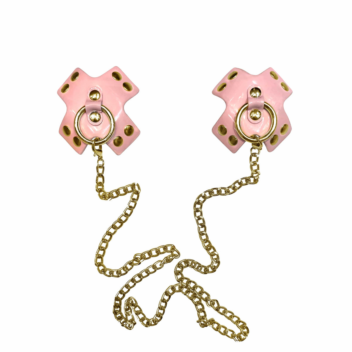 Reusable pink faux leather nipple covers linked by a silver metal chain