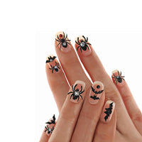 Spooky glitter nail decals with bats, skulls and creepy crawlies in black