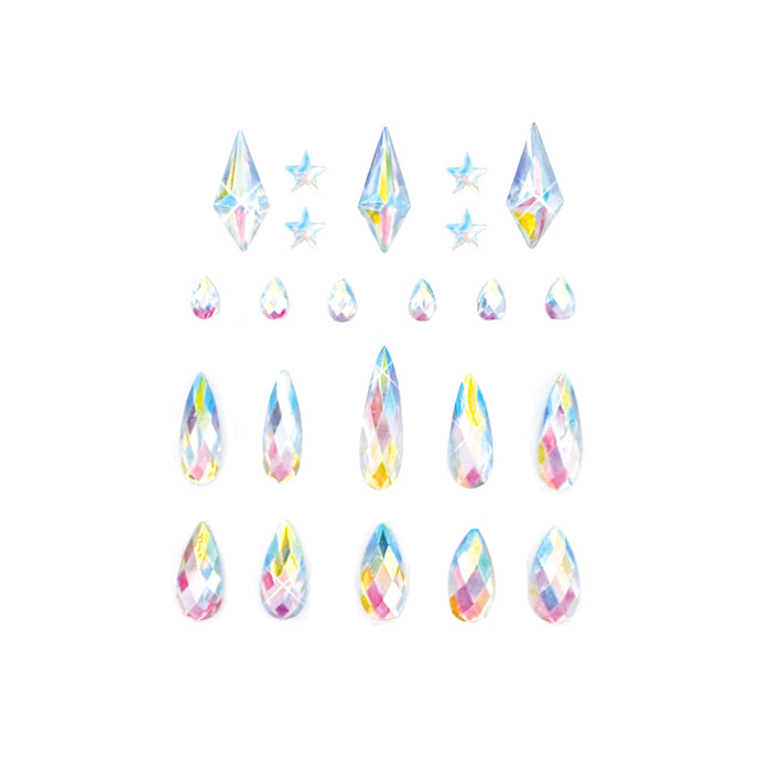 Stick on iridescent star gems and crystal drops for face and body festival glam