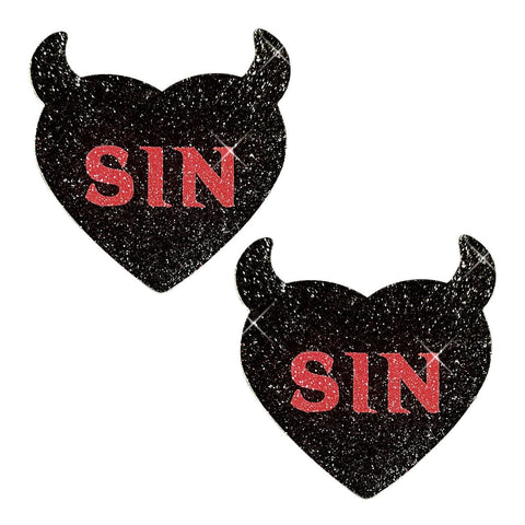 Sin City Black Devil Glitter Heart Nipple Cover Pasties