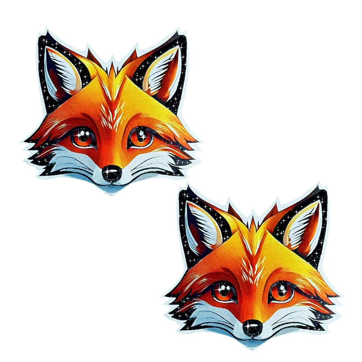 Sparkly glitter fox face nipple pasties with a cute animal design for a foxy festival night